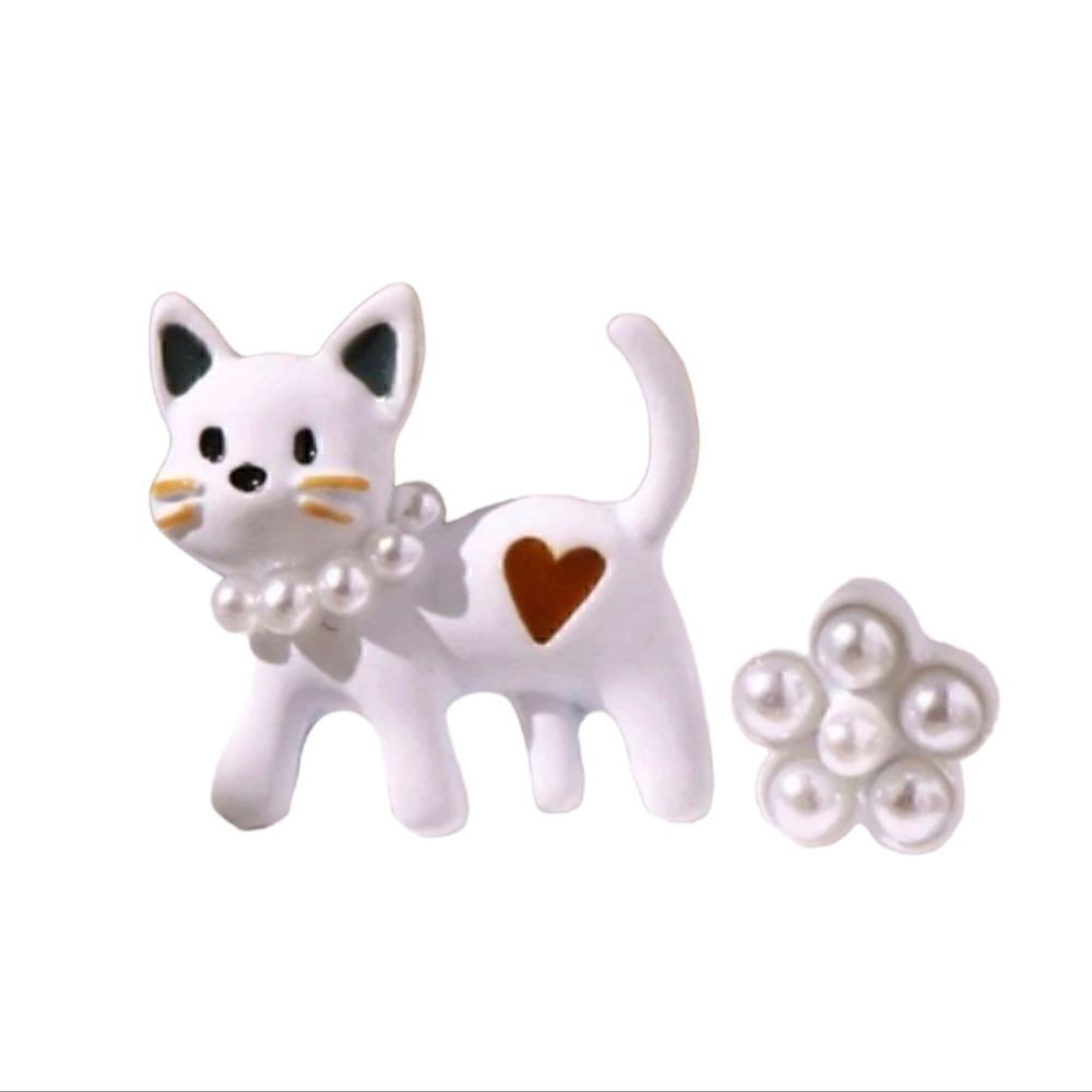 Flower Faux Pearl Stud Earrings Cat Design Earring